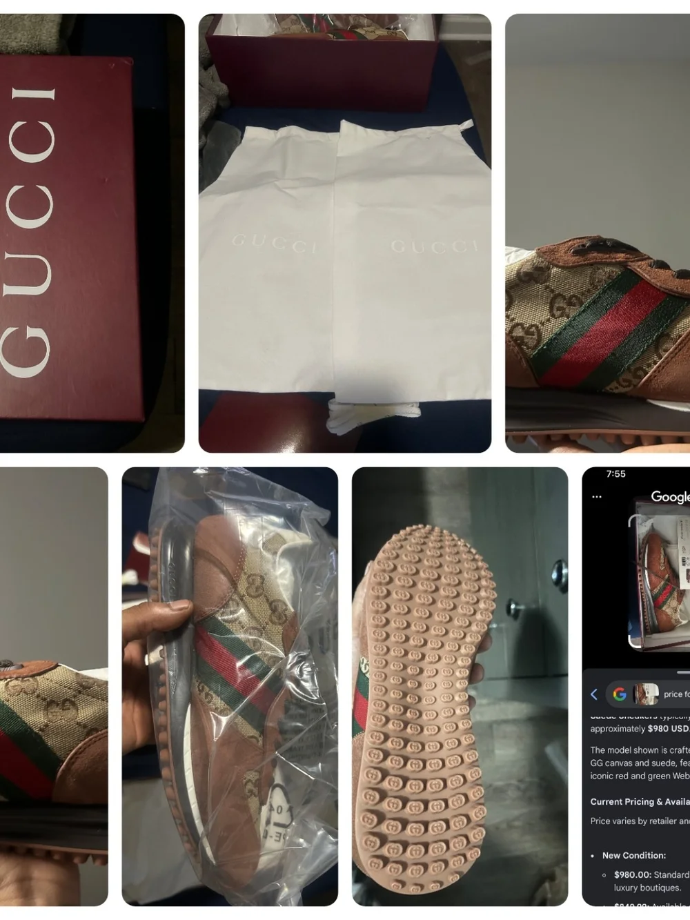 Gucci Tan GG Canvas Sneakers with Red and Green Web Stripe